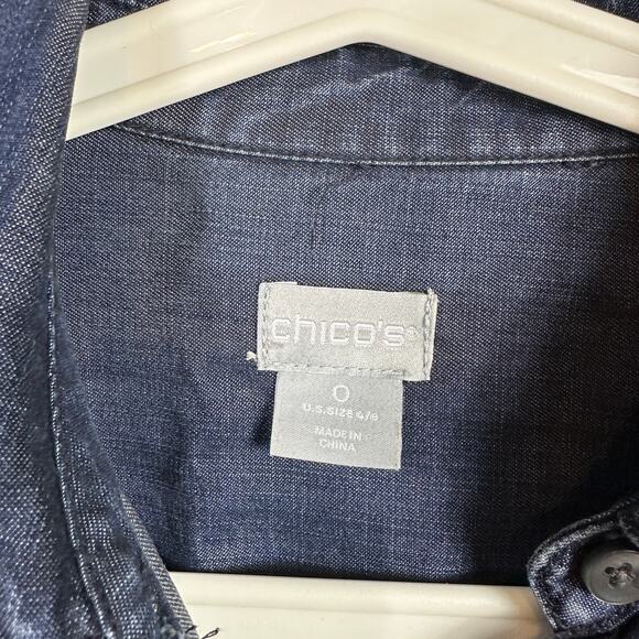 Chico's Size 0 Chambray Tencel Lyocell Button Up Blue Long Sleeve Small - Picture 3 of 5